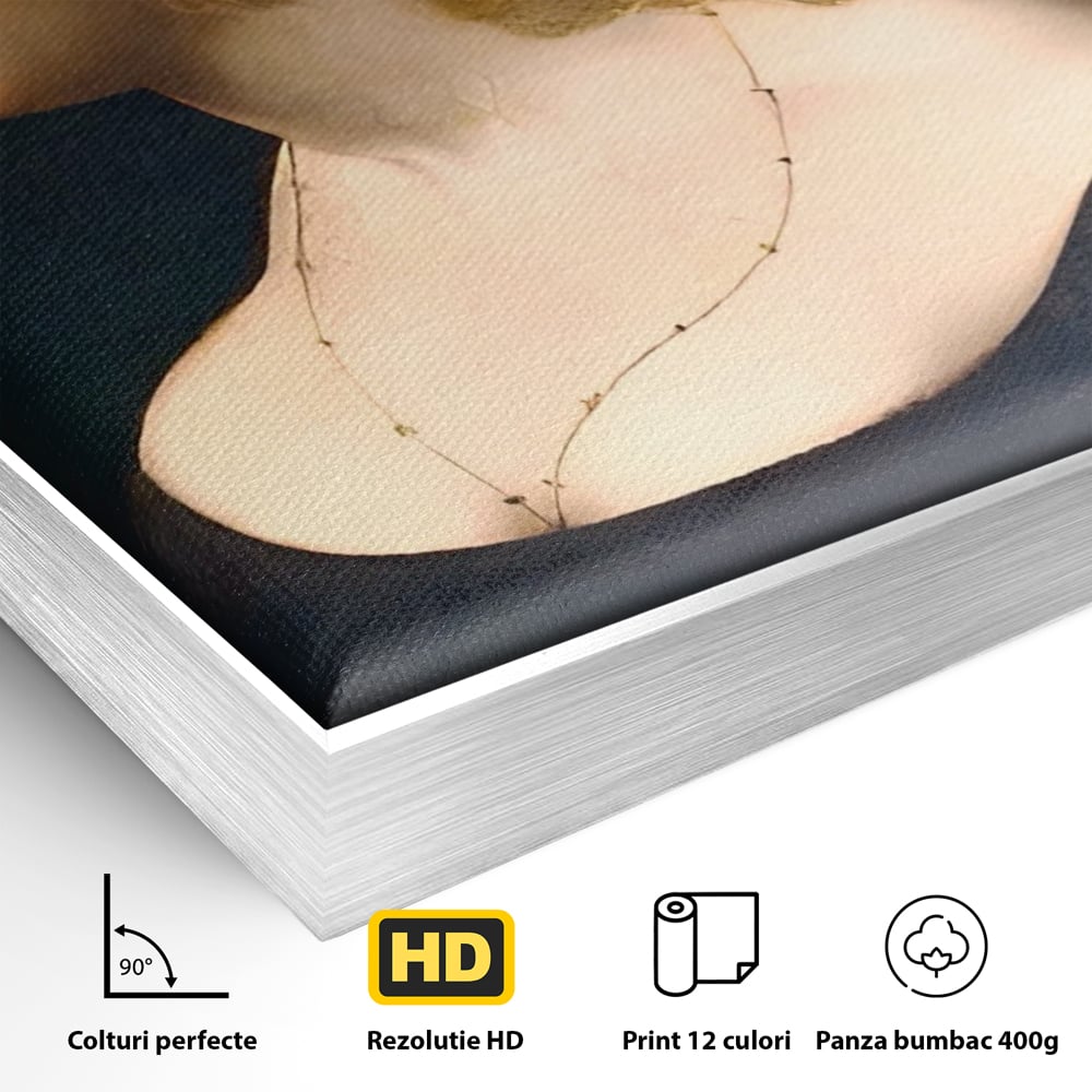 Detaliu al suprafetei: tablou canvas cu portretul unei tinere, in rama de aluminiu argintiu